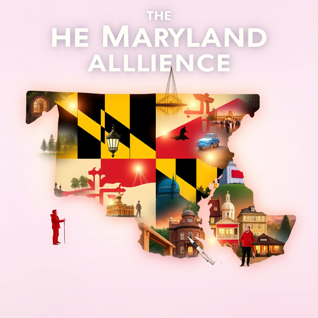 Create a 4K resolution image representing The Maryland Alliance's mission of showcasing Maryland cities. The image should feature a stylized map of Maryland with key cities highlighted by glowing icons. Overlay this map with images of diverse people exploring various city attractions, such as museums, parks, and historical sites. Use a vibrant color palette that incorporates Maryland's state colors. The lighting should be soft and inviting, creating a welcoming atmosphere. The overall style should be modern and informative, conveying a sense of discovery and community. Focus on creating an image that is both visually appealing and informative, capturing the essence of what The Maryland Alliance offers.