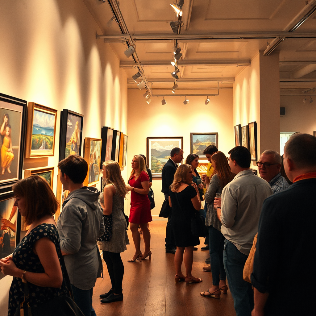 Create a captivating, photorealistic image of a local art gallery opening. People are admiring the artwork, chatting with the artists, and enjoying refreshments. The lighting is sophisticated and atmospheric, highlighting the colors and textures of the artwork. Style reference: A contemporary art photography style with a focus on capturing the energy and excitement of the event. Technical specs: 4K, high quality.