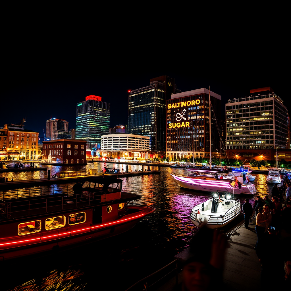 Create a dynamic and vibrant image of Baltimore's Inner Harbor at night. Feature the iconic Domino Sugar sign illuminated against the dark sky, with the waterfront buildings reflecting in the water. Use long exposure to capture the movement of boats and create light trails. The color palette should be rich and saturated, reflecting the energy of the city. Include details like people strolling along the harbor and street performers to add to the atmosphere.