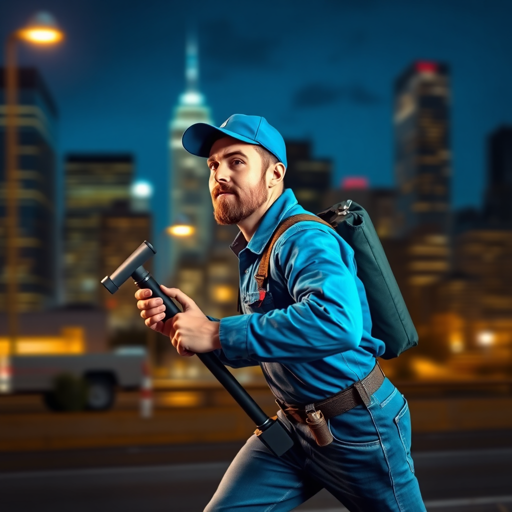 Create a dynamic, stylized image of a plumber rushing to an emergency call at night, with the city skyline blurred in the background. The image should convey a sense of urgency and reliability. Technical specs: 4K resolution, dynamic composition.
