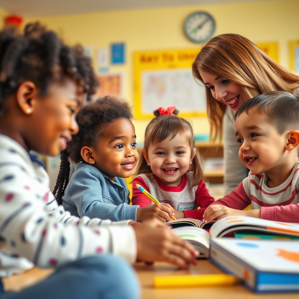 Create a heartwarming image of children participating in a classroom activity at an Arlington elementary school. Focus on the engaged students, the caring teacher, and the bright, colorful learning environment. The lighting should be soft and natural, highlighting the children's expressions and the positive atmosphere of the classroom. Include subtle details like books, artwork, and educational materials. The camera angle should be slightly low to emphasize the children's perspective. The color palette should be bright and cheerful, with a focus on primary colors and educational themes. Render in 4K resolution with high-quality detail to capture the spirit of learning and growth.