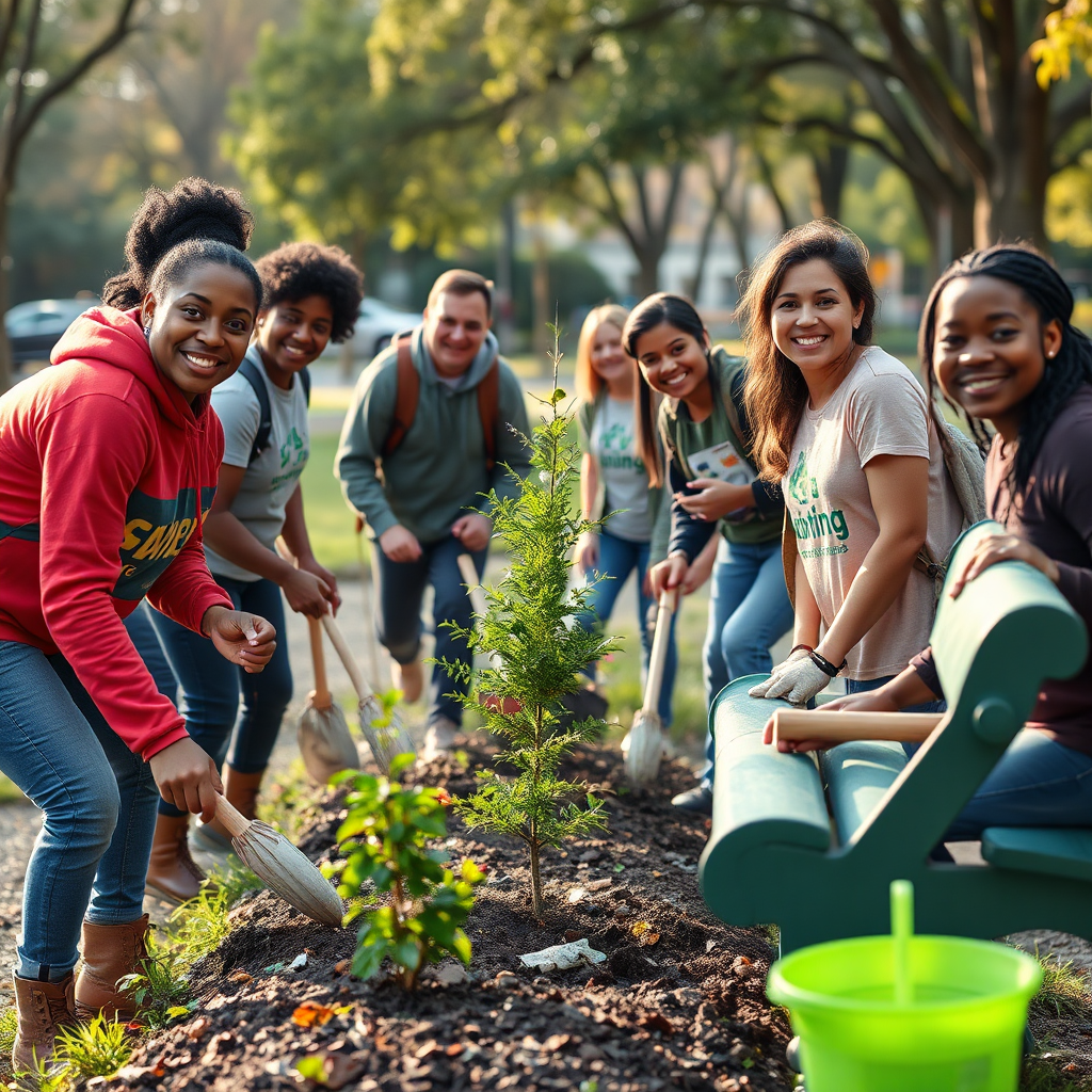Create a heartwarming, photorealistic image of a group of diverse volunteers working together to clean up a local park. They are picking up litter, planting trees, and painting benches. The lighting is soft and natural, highlighting their smiles and sense of accomplishment. Style reference: A documentary-style photograph with a focus on capturing genuine human connection. Technical specs: 4K, high quality.