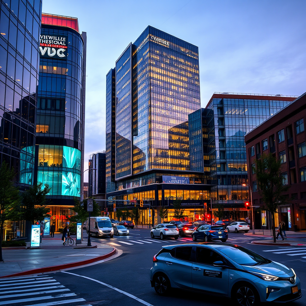 Create a modern image of Rockville's downtown area, focusing on the sleek architecture of the buildings and the bustling streets. Include elements of modern technology, such as digital displays and electric vehicles. Use a nighttime shot with vibrant city lights to capture the energy of the city. The color palette should be rich and saturated, reflecting the contemporary atmosphere.
