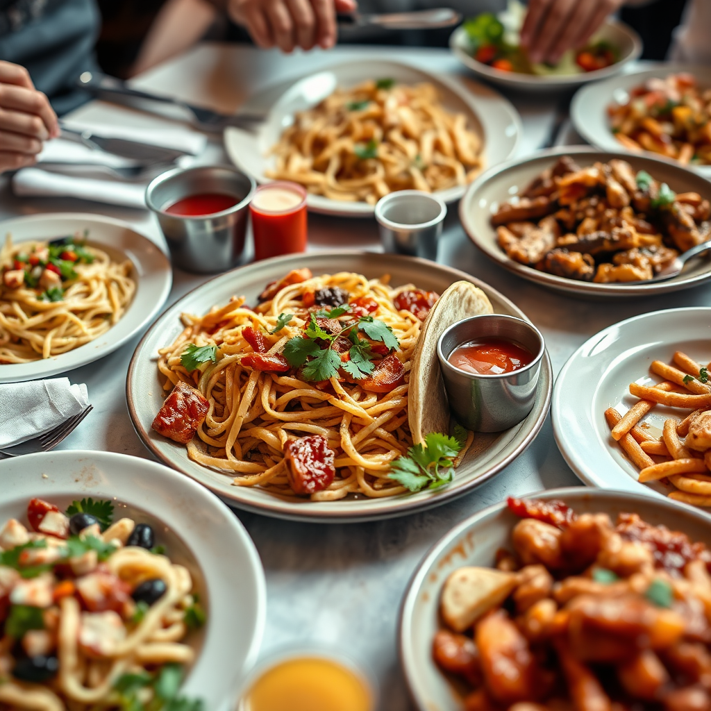 Create a mouthwatering image of a table laden with diverse cuisines from various Arlington restaurants. Focus on the vibrant colors, textures, and aromas of the food. Include dishes from different cultures, such as Italian pasta, Mexican tacos, and Asian stir-fry. The lighting should be warm and inviting, highlighting the freshness and deliciousness of the food. Include subtle details like silverware, napkins, and condiments. The camera angle should be slightly overhead to showcase the variety of dishes. The color palette should be vibrant and appetizing, with a focus on the natural colors of the ingredients. Render in 4K resolution with high-quality detail to capture the culinary diversity of Arlington.