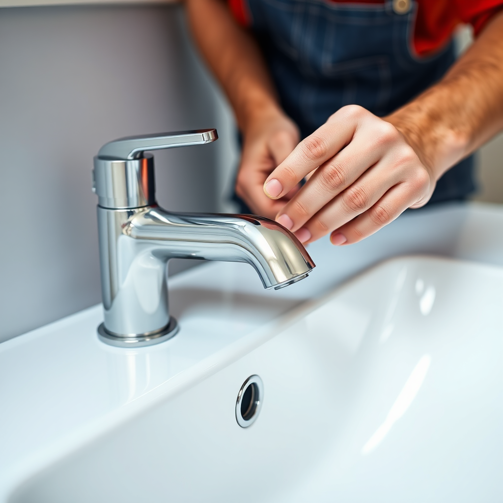 Create a photorealistic close-up image of a plumber installing a modern, brushed nickel faucet on a pristine white sink. The focus should be on the precision and clean installation. The lighting should be bright and even, emphasizing the quality of the fixture. Technical Specs: 4K, photorealistic.