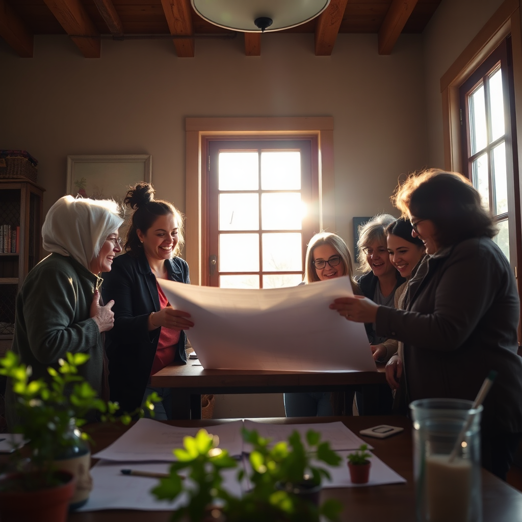 Create a photorealistic image of a small group of residents gathered around a table, excitedly reviewing plans for a community garden project. The sunlight streams through a window, illuminating their faces. Capture their enthusiasm and determination. Style references: community grant programs photography.