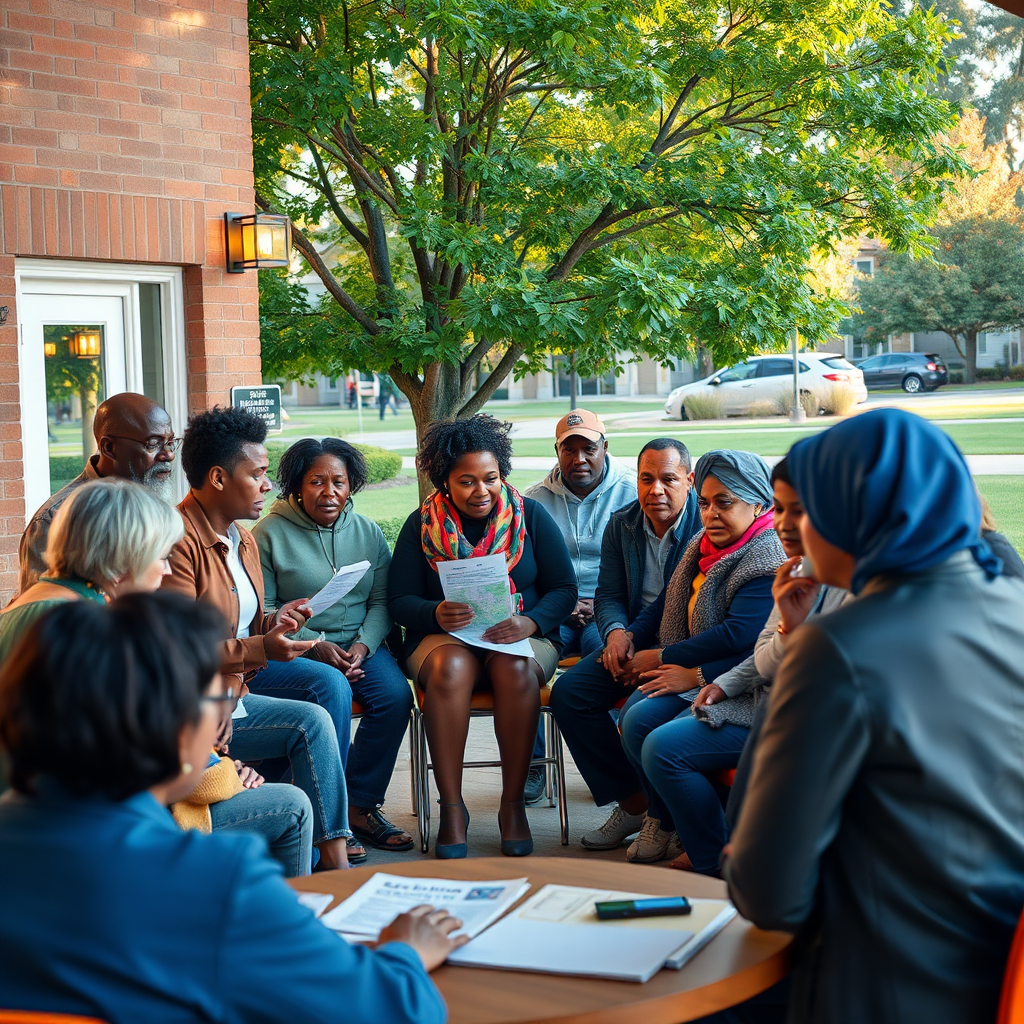 Create a photorealistic image of a neighborhood watch group meeting in Central Park Heights. The image should show diverse residents of different ages and backgrounds gathered together, discussing safety concerns and strategies. The setting could be a local community center or an outdoor park space. The lighting should be warm and inviting, highlighting the expressions and interactions of the participants. The composition should convey a sense of unity, vigilance, and community cooperation. Include details like neighborhood watch signs, maps, and safety materials. The camera angle should be medium to capture the full scene. Emphasize community empowerment.