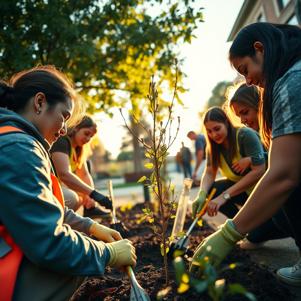 Create a photorealistic image of volunteers working together on a community project in Collington Square, such as planting trees or cleaning up litter. The composition should emphasize teamwork and community spirit. The lighting should be warm and encouraging, highlighting the volunteers' efforts. The color palette should be bright and optimistic. Camera angle should be eye-level, creating a sense of connection. Style references: documentary photography, focusing on the impact of volunteer work.