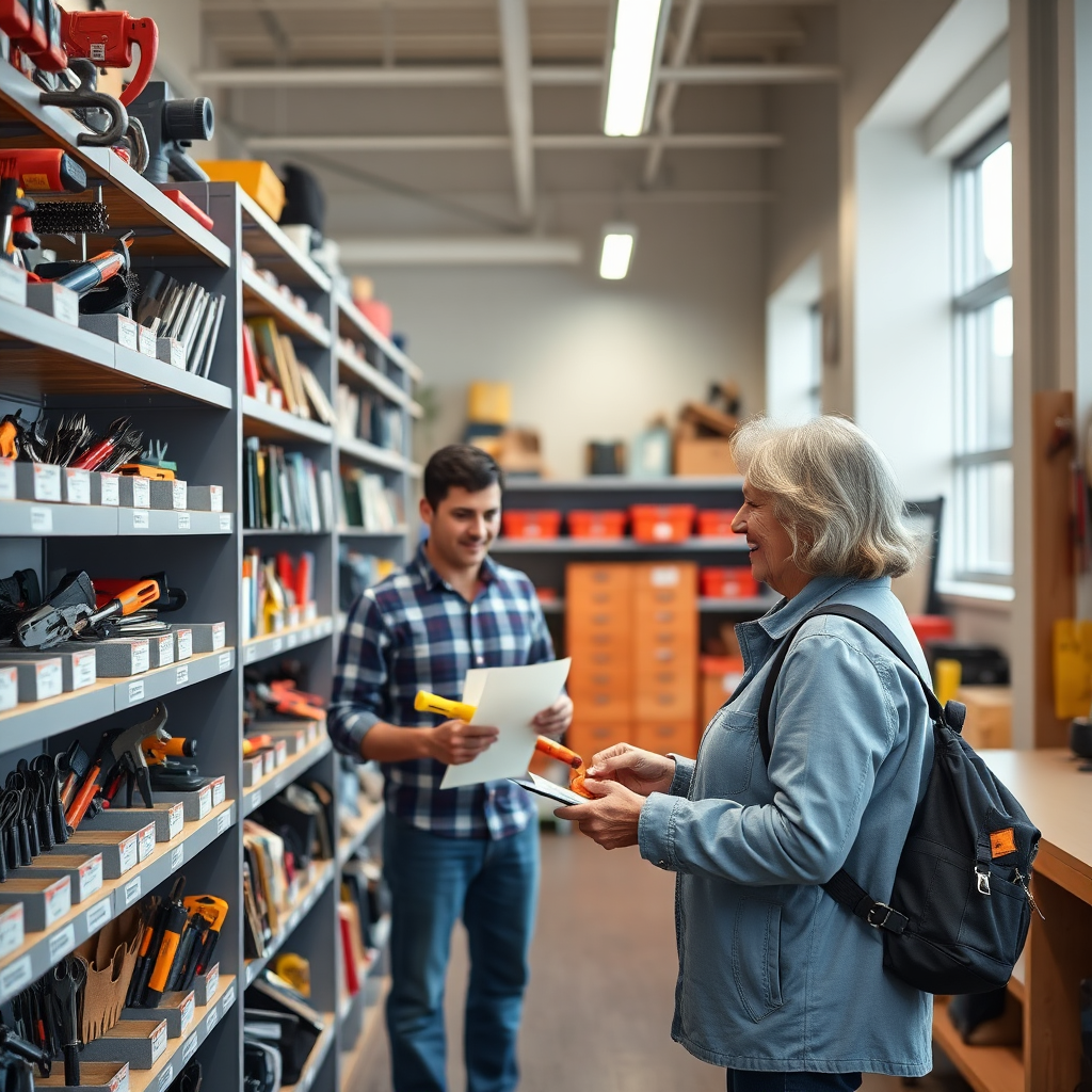 Create a photorealistic image of a tool library, featuring neatly organized shelves filled with various tools and equipment. A resident is checking out a tool from a friendly librarian. The lighting is bright and inviting. The setting is a modern, well-organized space. Style reference: community resource center photography.