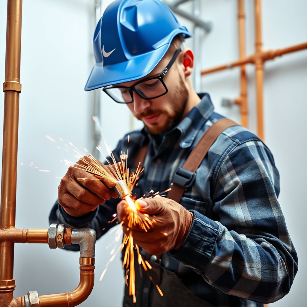 Create a photorealistic image of a plumber soldering a copper pipe in a residential setting. Sparks should be subtly visible, and the plumber should wear appropriate safety gear. The background should show the surrounding pipes and connections. Technical Specs: 4K, photorealistic.