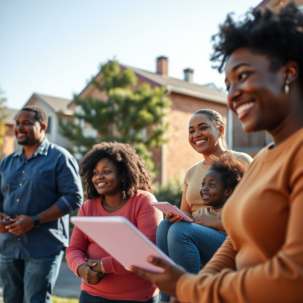 Create a photorealistic image representing affordable housing initiatives in Central Park Heights. The image should show diverse residents living in safe, modern, and affordable housing units. The setting could be a local apartment building or housing complex. The lighting should be bright and inviting, highlighting the quality and comfort of the living spaces. The composition should convey a sense of opportunity, stability, and community pride. Include details like well-maintained buildings, green spaces, and smiling residents. The camera angle should be medium to capture the full scene. Emphasize housing affordability and community accessibility.