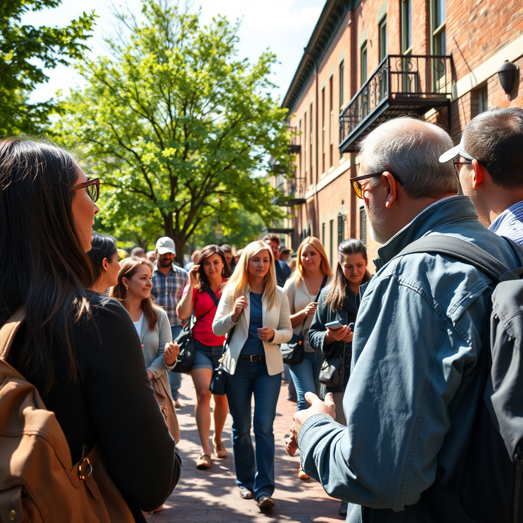 Create a photorealistic image of a guided walking tour in Collington Square, with a diverse group of people exploring the neighborhood. The composition should capture the tour guide pointing out landmarks and sharing stories. The lighting should be bright and informative, highlighting the neighborhood's features. The color palette should be natural and welcoming. Camera angle should be slightly elevated, providing a sense of perspective. Style references: travel photography, focusing on the experience of guided tours.