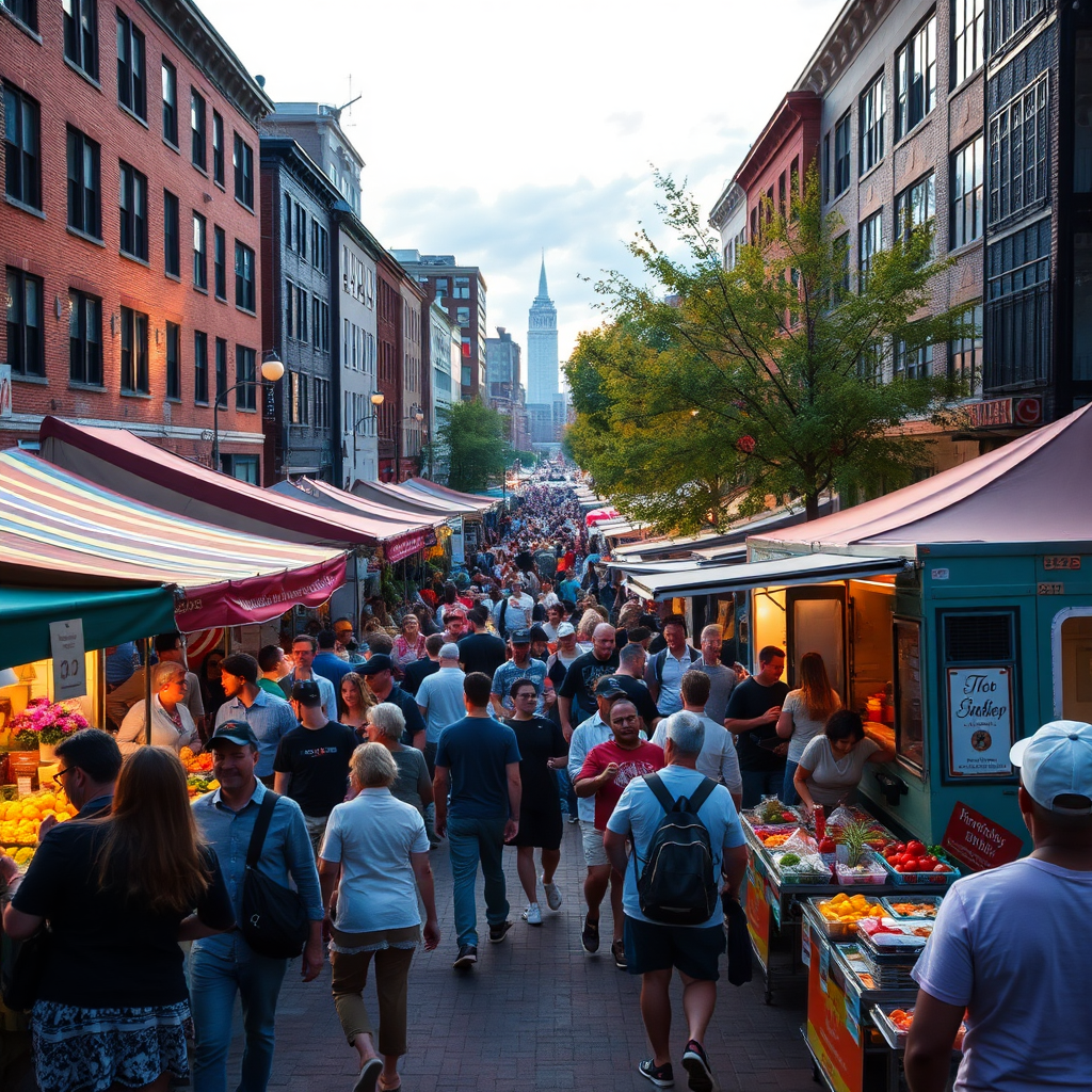 Create a photorealistic image of a lively community event in Collington Square, such as a farmers market or a street festival. Capture details such as the vendor stalls, food trucks, and crowds of people enjoying the festivities. The lighting should be dynamic and energetic, with bright colors and bustling activity. The color palette is vibrant and diverse. Camera angle should be elevated to capture the event's expansive atmosphere. Style references: street photography, highlighting the energy of community gatherings.