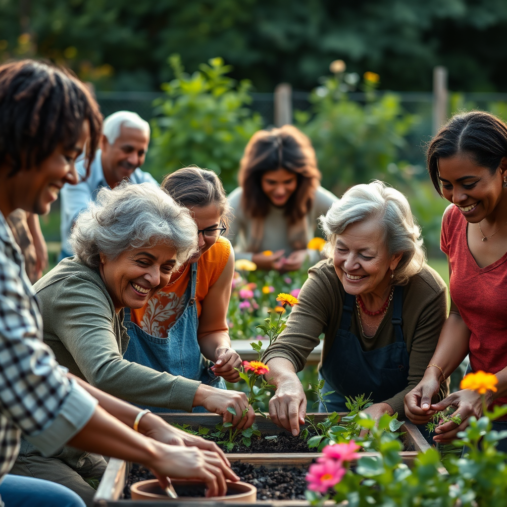 Create a photorealistic image of a diverse group of people participating in a community gardening event. The scene showcases individuals of varying ages, abilities, and backgrounds working together harmoniously. The lighting should be soft and natural, emphasizing the colors of the plants and flowers. Capture the expressions of joy and camaraderie on the faces of the participants. Style references: inclusive community programs photography.