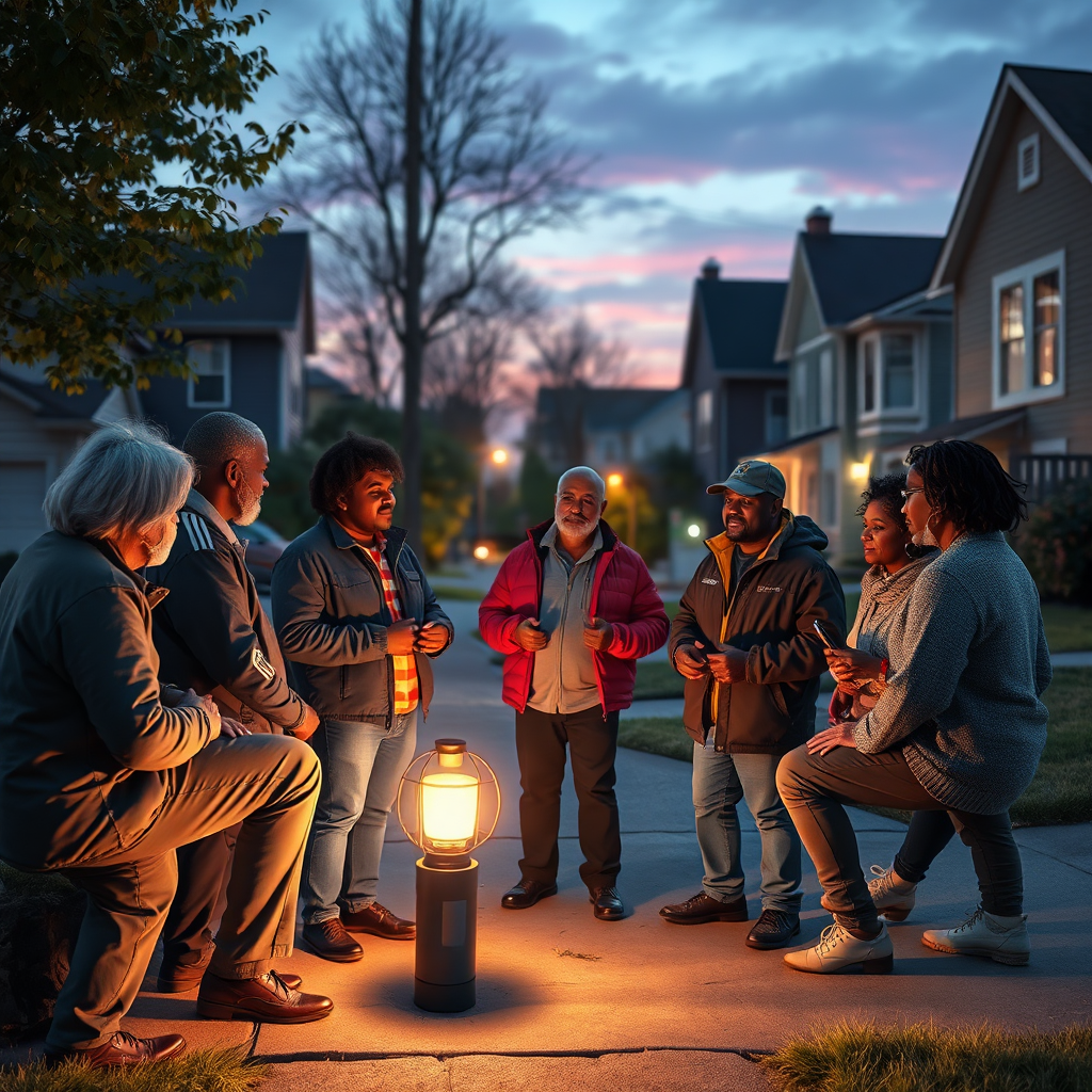 Create a photorealistic image of a neighborhood watch group meeting at dusk. The scene should include diverse residents discussing safety concerns and planning patrols. The lighting should be soft and reassuring, emphasizing a sense of vigilance and community support. The image should convey a feeling of security and collaboration.