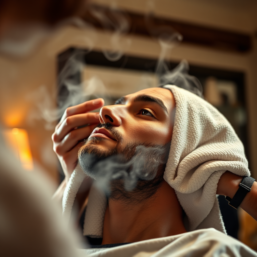 Create a photorealistic image of a barber applying a hot towel to a client's face in preparation for a shave. Focus on the steam rising from the towel and the client's relaxed expression. The background should be softly blurred, highlighting the barber and client. Use warm, inviting lighting to create a sense of relaxation and luxury. The overall style should be classic and refined, reflecting the timeless appeal of a traditional hot towel shave.