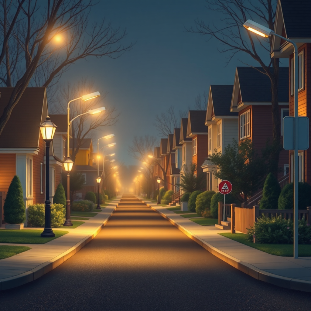 Create a photorealistic image symbolizing neighborhood safety and security. The image could depict a well-lit street with friendly neighbors watching out for each other. Emphasize security elements such as streetlights, security cameras, and alert signage. The lighting should be warm and reassuring, conveying a sense of protection. The color palette should be muted and calming, promoting a feeling of safety. The style should be realistic and reassuring, inspiring trust and confidence.