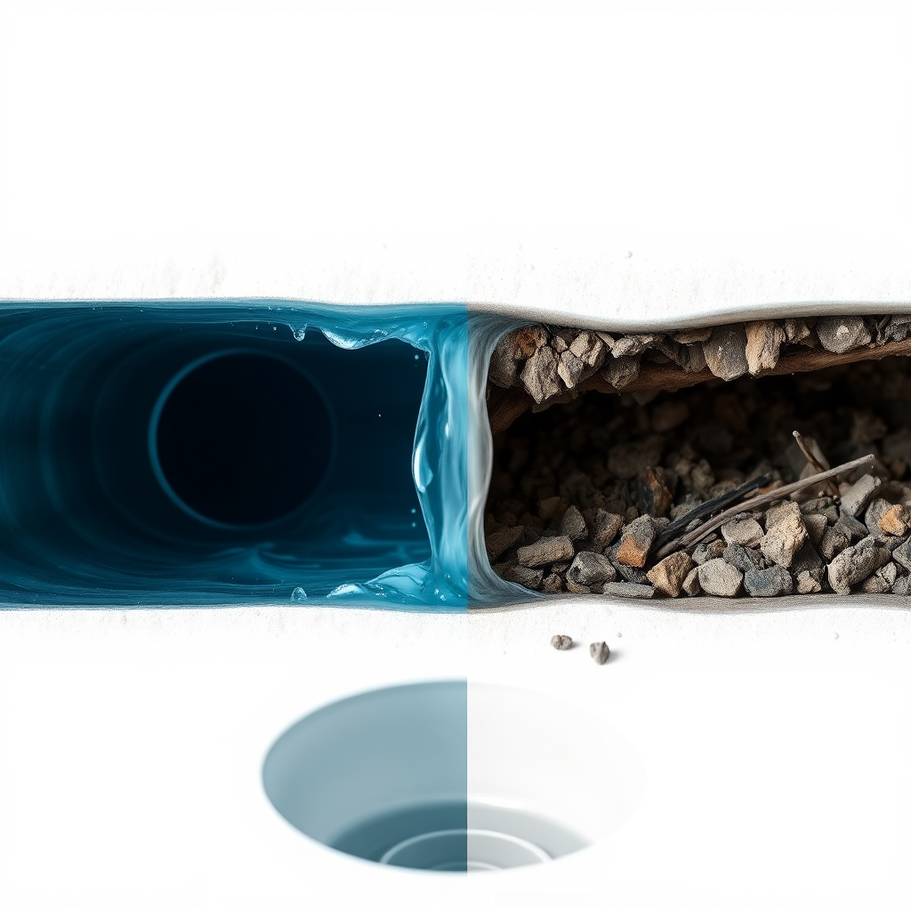 Create a photorealistic image of a cross-section of a clean, flowing drainpipe versus a clogged, debris-filled pipe. The contrast should be visually striking, emphasizing the benefits of drain cleaning services. Technical specs: 4K resolution, high detail.