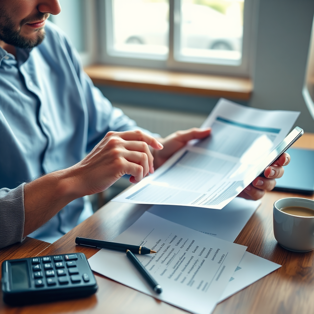 Create a photorealistic image depicting a person sitting at a desk, reviewing financial documents and using a budgeting app on their tablet. The scene should be well-lit, with a focus on the individual's focused expression. The color palette should be calming and professional, using blues and greens. The camera angle should be close-up, highlighting the person's hands and the documents. Props include a calculator, a notepad, and a cup of coffee. The style should be realistic and relatable, conveying the idea of taking control of one's finances.
