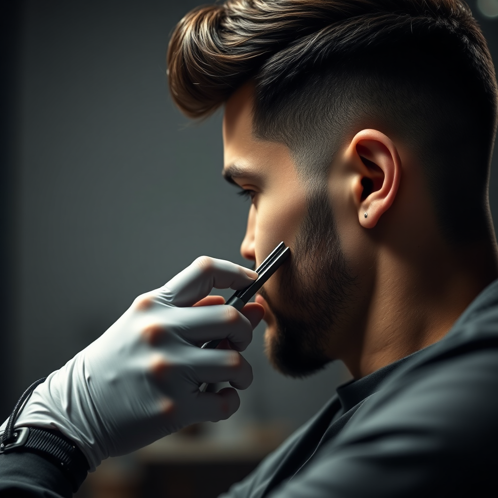 Create a photorealistic image showcasing a barber meticulously performing a fade haircut on a client. Focus on the barber's precise hand movements and the sharpness of the haircut. The background should be slightly blurred, highlighting the barber and client. Use dramatic lighting to emphasize the texture of the hair. The overall style should be modern and sophisticated, reflecting the precision and skill of the barber.