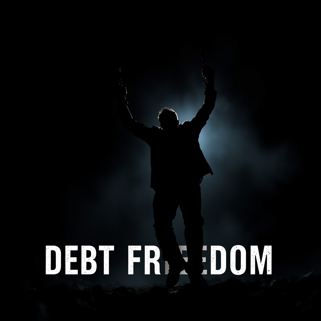 Create a photorealistic image illustrating a person breaking free from chains, symbolizing debt freedom. The scene should be dramatic, with a dark background and a single light source highlighting the person's silhouette. The color palette should be dark and contrasting, using blacks, grays, and whites. The camera angle should be low, looking up at the person. The style should be powerful and inspiring, conveying the idea of overcoming obstacles.