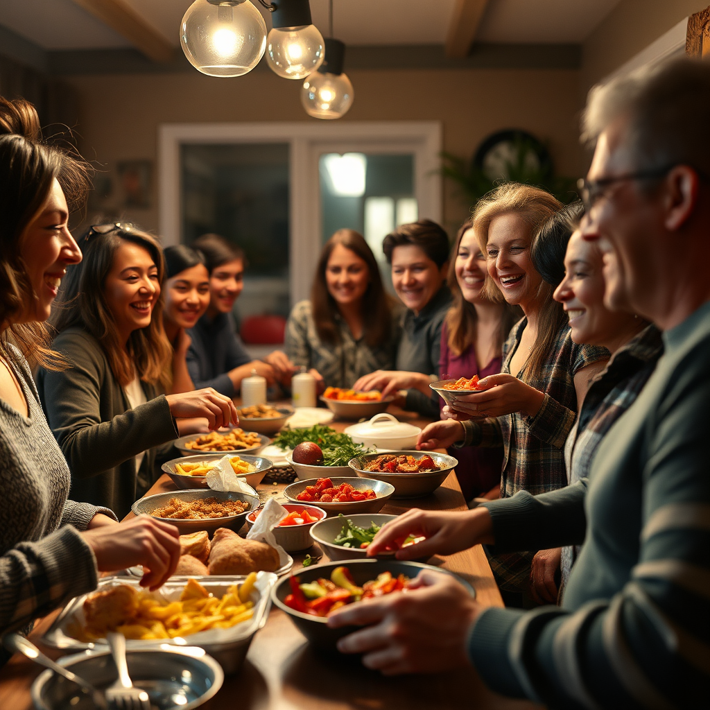 Create a photorealistic image of a diverse group of neighbors participating in a community potluck. They are sharing food, laughing, and getting to know each other. The lighting is warm and inviting, highlighting the sense of community and connection. The style reference is a candid photograph capturing the joy of shared experiences. Technical specs: 4k resolution, high quality.