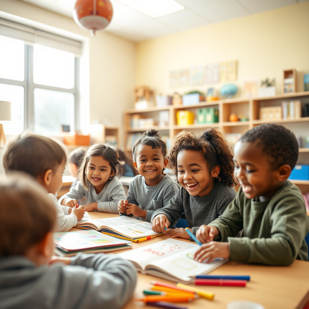 Create a photorealistic image of children participating in an after-school program at The Cheswolde Alliance. The scene should be filled with energy and excitement. The lighting should be bright and cheerful. Camera angle: eye-level, focusing on the children and their activities. Style reference: A candid photograph capturing the joy of learning and playing. Environment: A brightly lit classroom with educational materials and toys. Props: Children, books, art supplies, toys. Technical specs: 4K resolution, high quality.