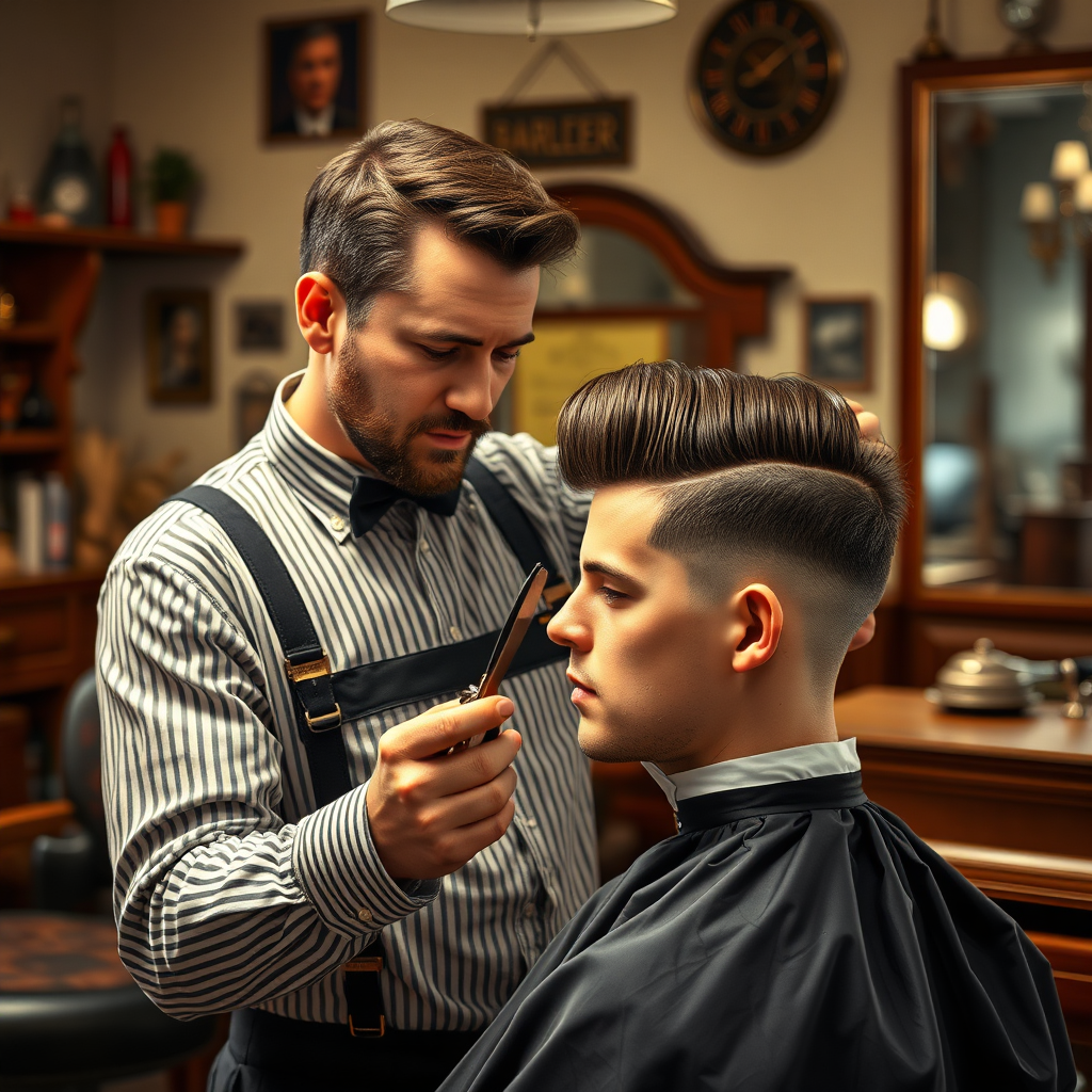 Create a photorealistic image of a barber performing a classic scissor-over-comb haircut. The barber should be dressed in a traditional barbershop uniform. The client should have a timeless hairstyle, like a side part or a pompadour. The background should feature classic barbershop decor, such as vintage barber chairs and antique shaving tools. The overall style should evoke a sense of nostalgia and tradition, celebrating the heritage of barbering.