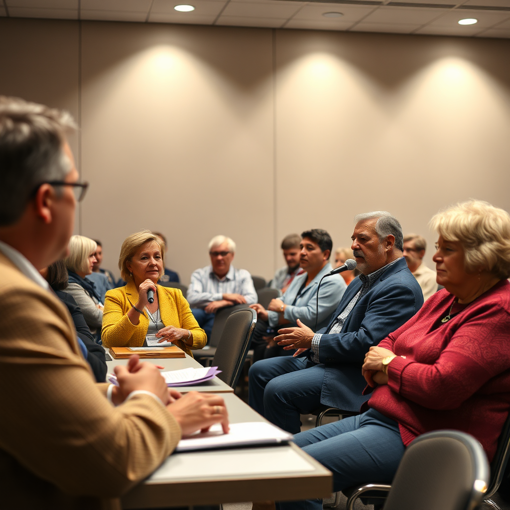 Create a photorealistic image depicting a community meeting with residents voicing their opinions and concerns to local government representatives. The setting should be a well-lit meeting hall. The lighting should be professional and neutral. Camera angle: Mid-range shot, focusing on the interaction between community members and representatives. Style reference: Realistic, formal event photography. Environment: Meeting hall with chairs, tables, and podium. Props: Microphones, notepads, community members, local government representatives. Technical specs: 4K resolution, high quality.
