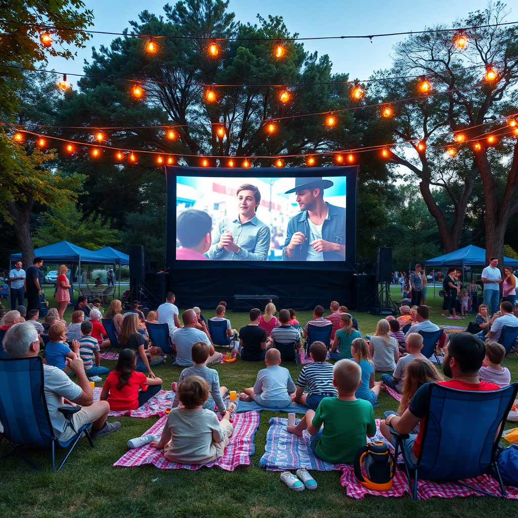 Create a photorealistic image of a lively outdoor movie night in a community park. A large screen displays a family-friendly film, with families sprawled out on blankets and lawn chairs. String lights twinkle overhead. Capture the warmth and joy of the community gathering. Style references: outdoor cinema events photography.