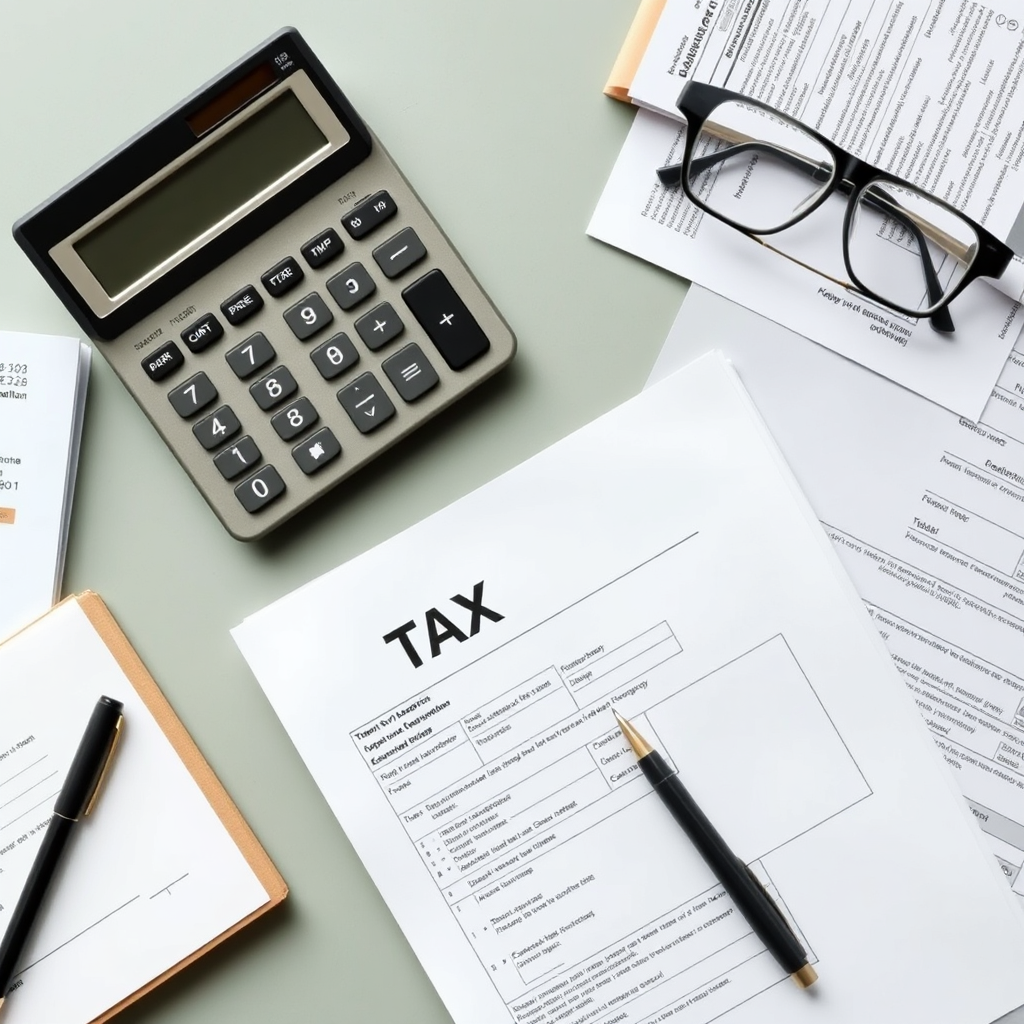 Create a photorealistic image depicting a neatly organized desk with tax documents, a calculator, and a pen. The scene should be well-lit and professional. The color palette should be neutral and calming, using greens and browns. The camera angle should be slightly overhead, showing the entire desk. The style should be organized and efficient, conveying the idea of accurate tax preparation.