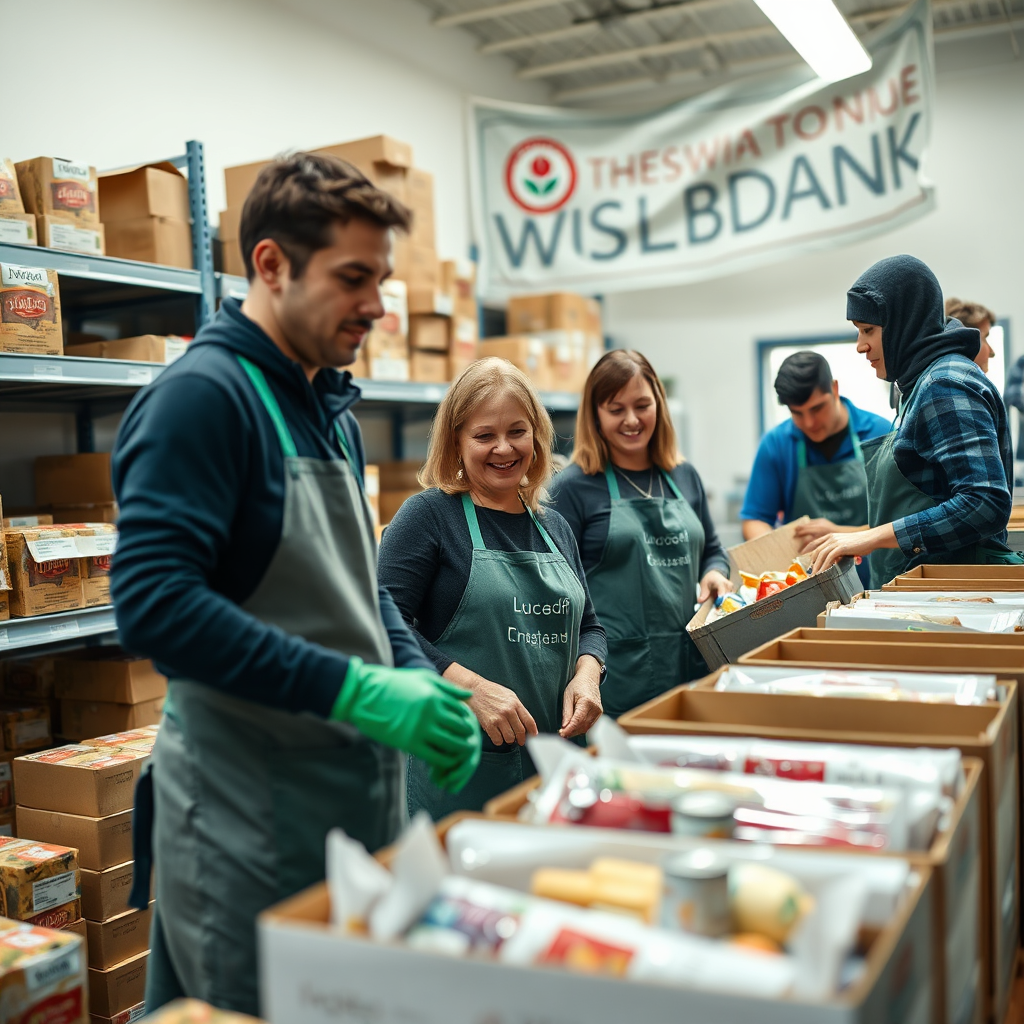 Create a photorealistic image showcasing a group of people from The Cheswolde Alliance volunteering at a local food bank. The scene should convey a sense of collaboration and community service. The lighting should be bright and natural. Camera angle: eye-level, focusing on the volunteers and the food being sorted. Style reference: A documentary photograph emphasizing the positive impact of community involvement. Environment: A busy food bank with shelves stocked with food. Props: Boxes of food, volunteers wearing aprons, a banner with the logo of the food bank. Technical specs: 4K resolution, high quality.