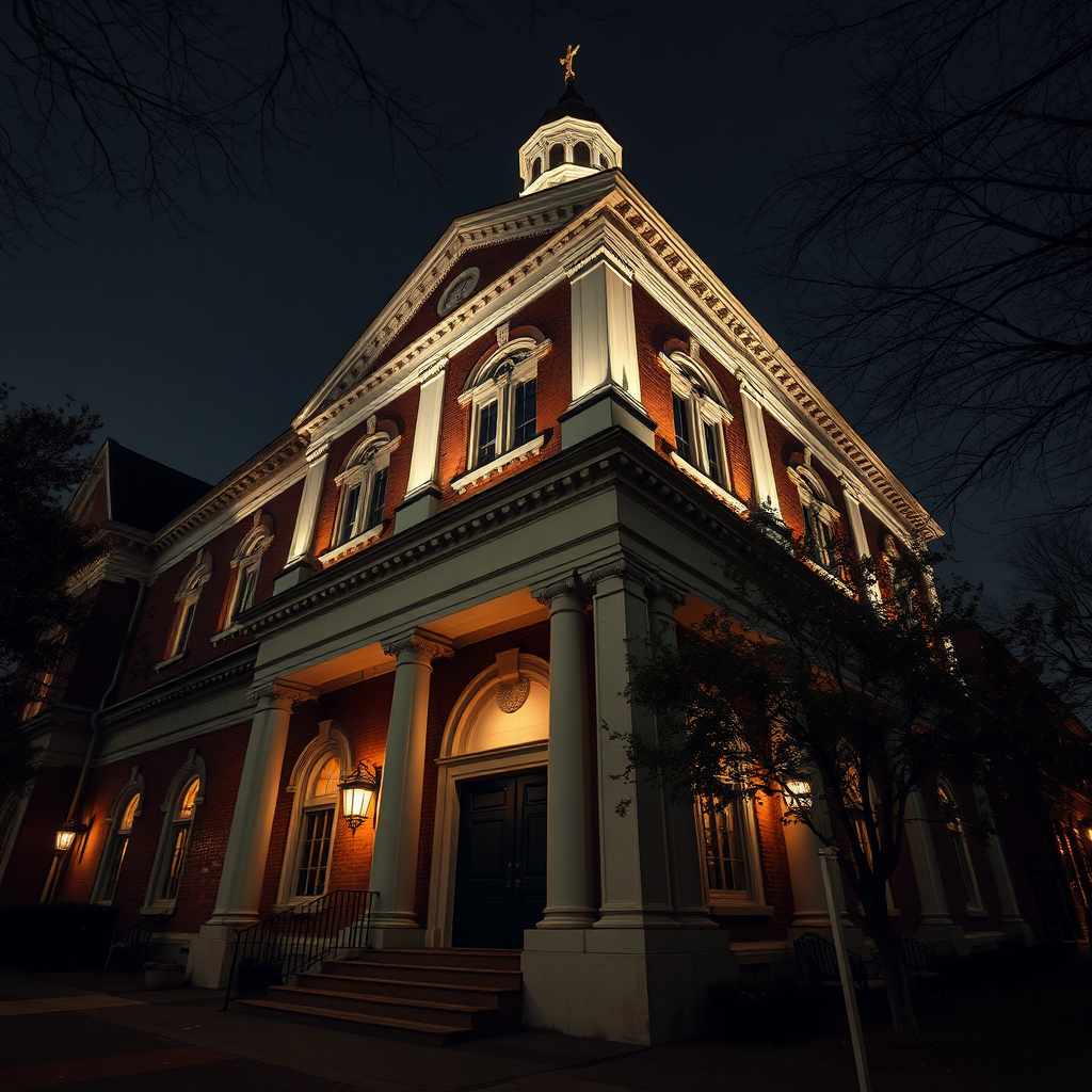 Create a photorealistic image of a historic landmark in Collington Square, such as a church or a library. The composition should capture the architectural details and historical significance of the building. The lighting should be dramatic and evocative, highlighting the building's grandeur. The color palette should be muted and timeless. Camera angle should be low and wide, emphasizing the building's scale and presence. Style references: architectural photography, focusing on the beauty and historical importance of landmarks.