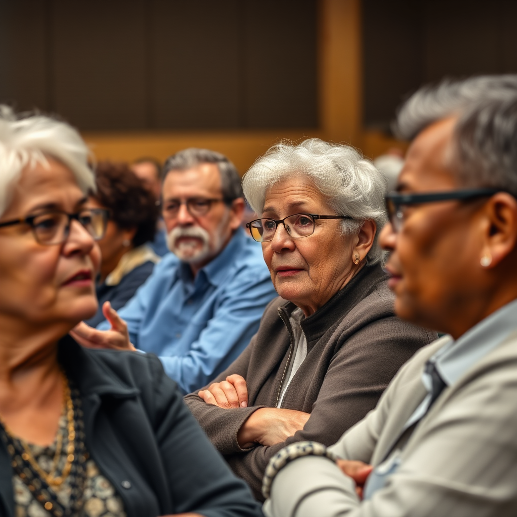 Create a photorealistic image of a community meeting, featuring residents actively participating in a discussion. The setting is a town hall or community center. The faces of the participants should reflect attentiveness and engagement. Focus on capturing the emotion of the discussion, ensuring that the individuals are communicating with intent. Style reference: civic engagement photography.