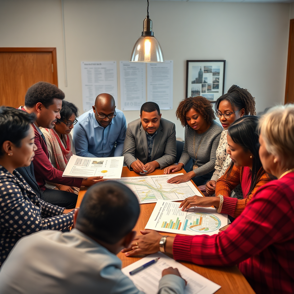 Create a photorealistic image of a strategic planning session for Central Park Heights. The image should show diverse residents and community leaders gathered around a table, reviewing plans, discussing goals, and collaborating on strategies. The setting should be a professional meeting room or community center. The lighting should be bright and focused, highlighting the attentiveness and dedication of the participants. The composition should convey a sense of collaboration, foresight, and strategic thinking. Include details like maps, charts, and strategic plans. The camera angle should be medium to capture the full scene. Emphasize strategic planning and community collaboration.