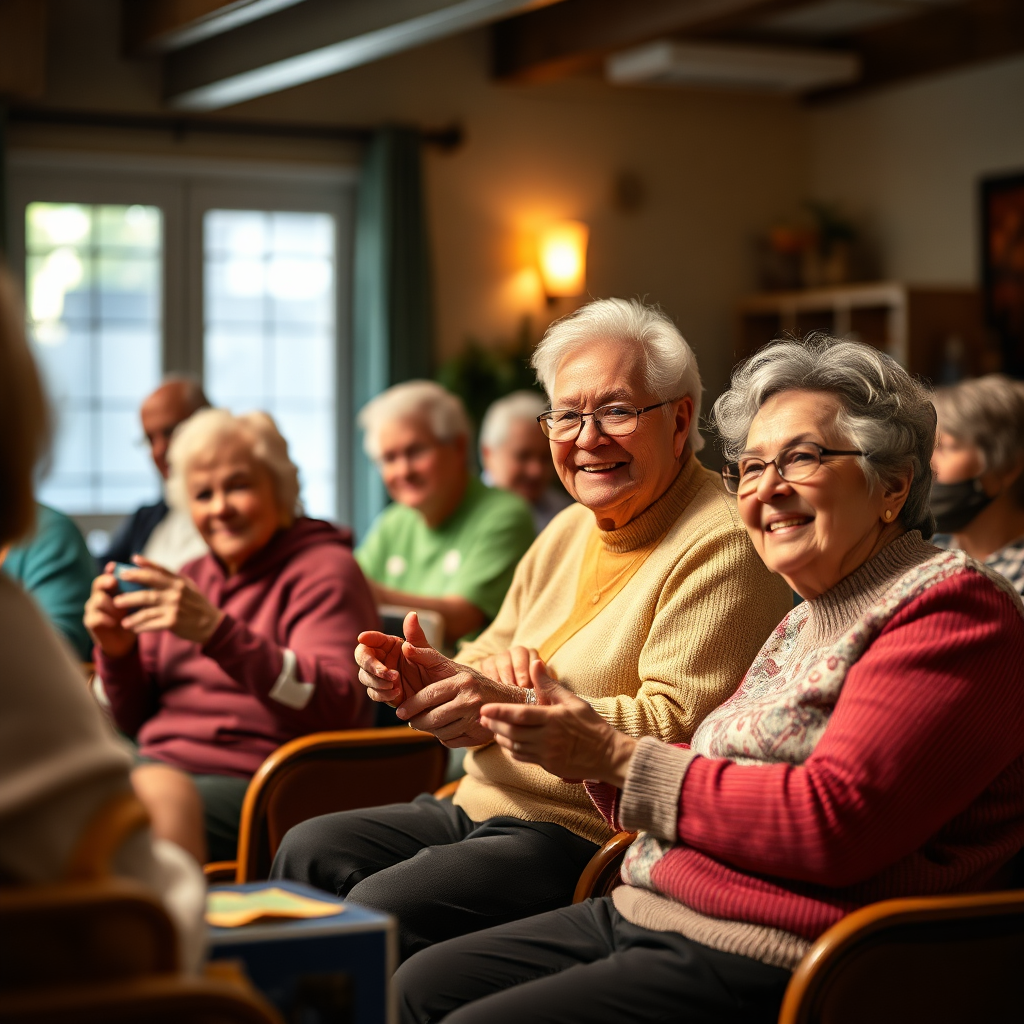 Create a photorealistic image of senior residents participating in a senior service program in Central Park Heights. The image should show diverse seniors engaged in activities such as group exercise, arts and crafts, or social gatherings. The setting could be a local community center or senior living facility. The lighting should be warm and inviting, highlighting the comfort and companionship of the participants. The composition should convey a sense of community, support, and well-being. Include details like senior-friendly exercise equipment, art supplies, and smiling faces. The camera angle should be medium to capture the full scene. Emphasize senior well-being and community support.