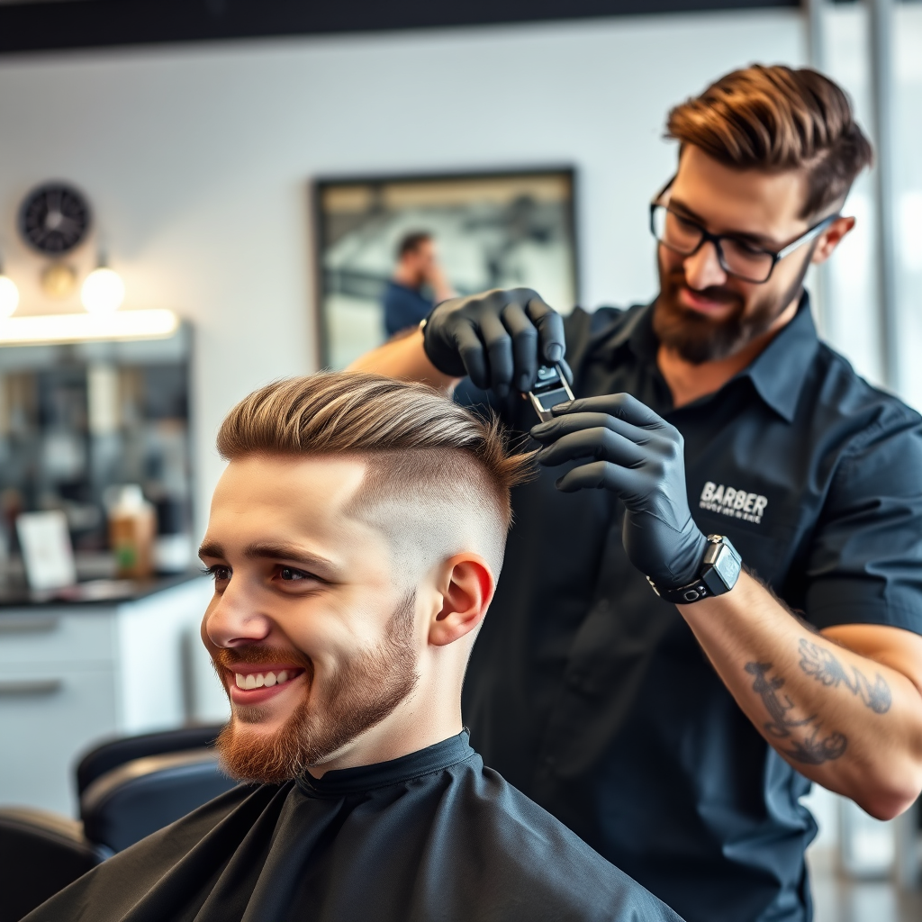 Create a photorealistic image showcasing a barber performing a stylish haircut on a client. Focus on the barber's skill and the client's satisfaction. The background should feature a clean and modern barbershop interior. The overall style should be contemporary and fashionable, reflecting the barbershop's expertise in haircutting.