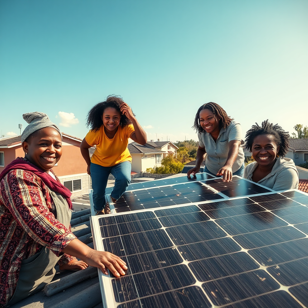 Create a photorealistic image of a community solar panel installation project. The scene showcases residents working together to install solar panels on the roof of a community building. The sky is bright and sunny, and the surrounding neighborhood is visible in the background. The faces of the participants should reflect pride and purpose. Style references: environmental sustainability initiatives.