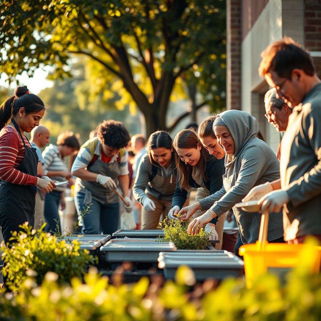Create a photorealistic image of volunteers working together on a community project in Gwynn Oak. The scene should depict diverse individuals of all ages collaborating on a task, such as cleaning up a park or serving meals at a soup kitchen. The lighting should be warm and inviting, emphasizing the positive impact of their efforts. Use a slightly low camera angle to create a sense of solidarity. Incorporate elements like gardening tools, cleaning supplies, and food preparation equipment. The color palette should be earthy and uplifting, reflecting the spirit of service. The style should be similar to documentary photography, capturing authentic moments of compassion and teamwork.