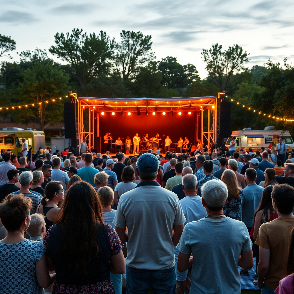 Create a photorealistic image of a community concert in a park at dusk. The scene should be filled with people of all ages enjoying the music. The stage should be lit with warm, inviting lights. Food trucks and picnic blankets should be visible in the background. Camera angle: from the back of the crowd, looking towards the stage. Style reference: A lively, candid photograph capturing the energy and excitement of the event. Environment: A vibrant park at dusk. Props: Musical instruments, picnic blankets, food trucks, string lights. Technical specs: 4K resolution, high quality.