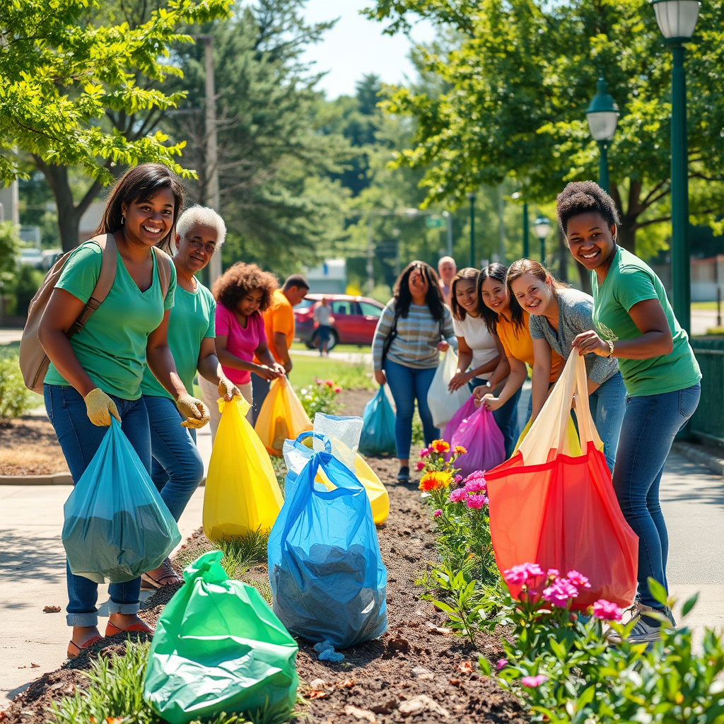 Create a photorealistic image showing a community clean-up event in Central Park Heights. The scene should depict diverse residents working together to pick up litter, plant flowers, and maintain green spaces. The setting should be a local park or street. The lighting should be bright and sunny, highlighting the positive energy and teamwork of the participants. The color palette should be vibrant and cheerful, with lots of green and natural hues. The composition should convey a sense of pride, environmental stewardship, and community involvement. Include details like trash bags, gardening tools, and smiling faces. The camera angle should be wide to capture the full scope of the event. Emphasize community spirit and environmental responsibility.