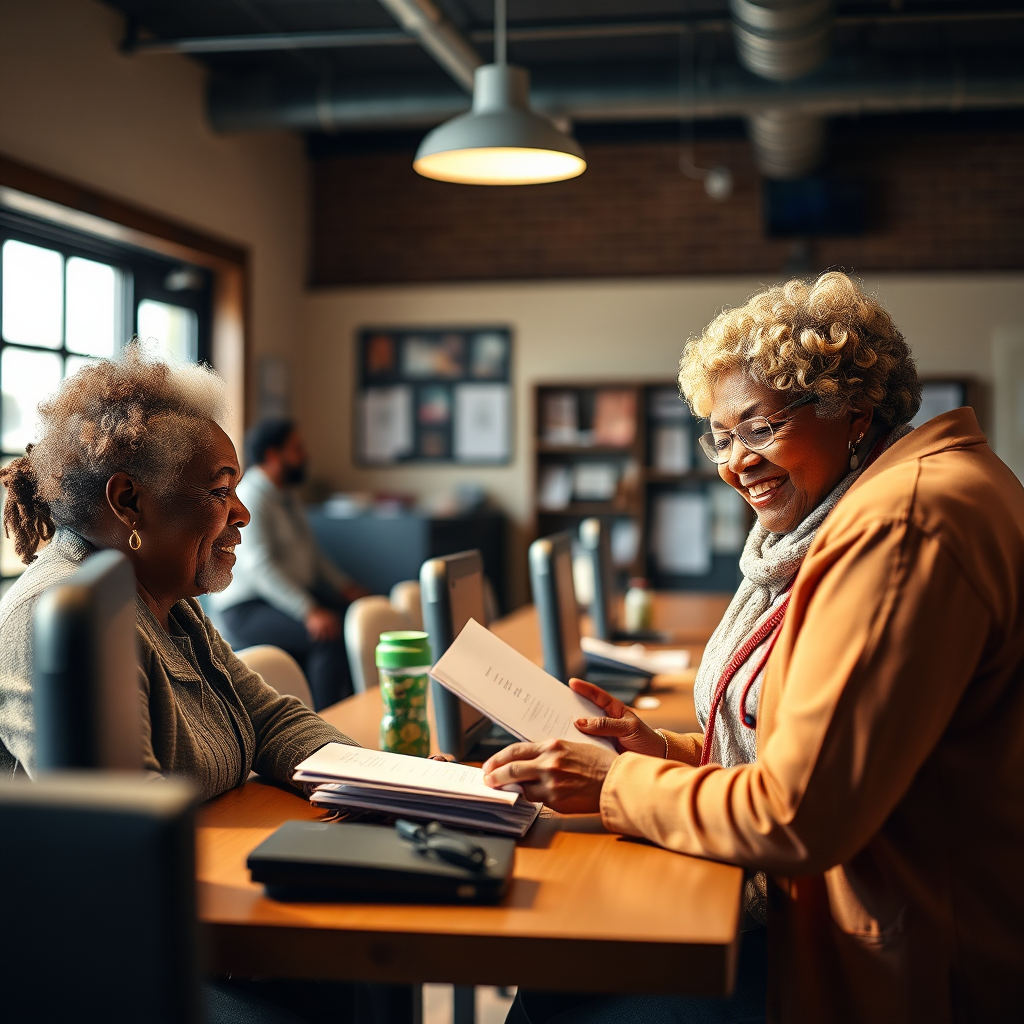 Create a photorealistic image representing resource referrals in Central Park Heights. The scene should depict residents receiving assistance from community volunteers or social workers, who are providing information and connecting them with resources such as job training, housing assistance, or healthcare. The setting could be a local community center or social service agency. The lighting should be warm and supportive, highlighting the caring and helpful atmosphere. The composition should convey a sense of compassion, community support, and access to resources. Include details like computers, resource guides, and smiling faces. The camera angle should be medium to capture the full scene. Emphasize community support and access to resources.