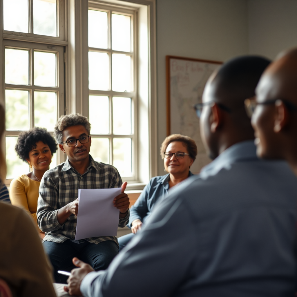 Create a photorealistic image of a community workshop, focusing on a resident confidently presenting a business plan to a small group. The room is filled with natural light. The setting should be a renovated community space. The participants' faces should reflect engagement and support. Style reference: documentary photography of local entrepreneurship initiatives.