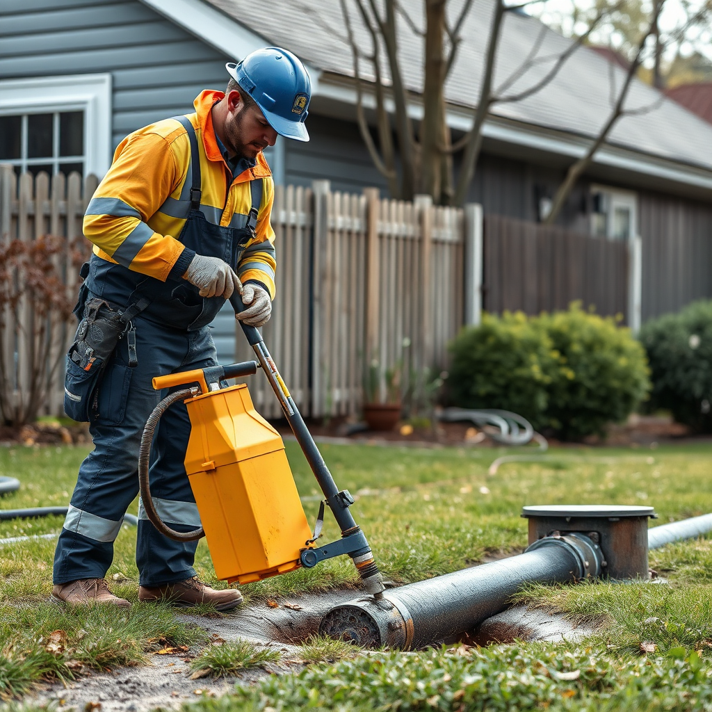 Create a photorealistic image of a plumber using specialized equipment to clear a sewer line blockage in a residential yard. The plumber should wear protective gear, and the equipment should be clearly visible. The overall tone should be professional and focused on resolving the issue. Technical Specs: 4K, photorealistic.