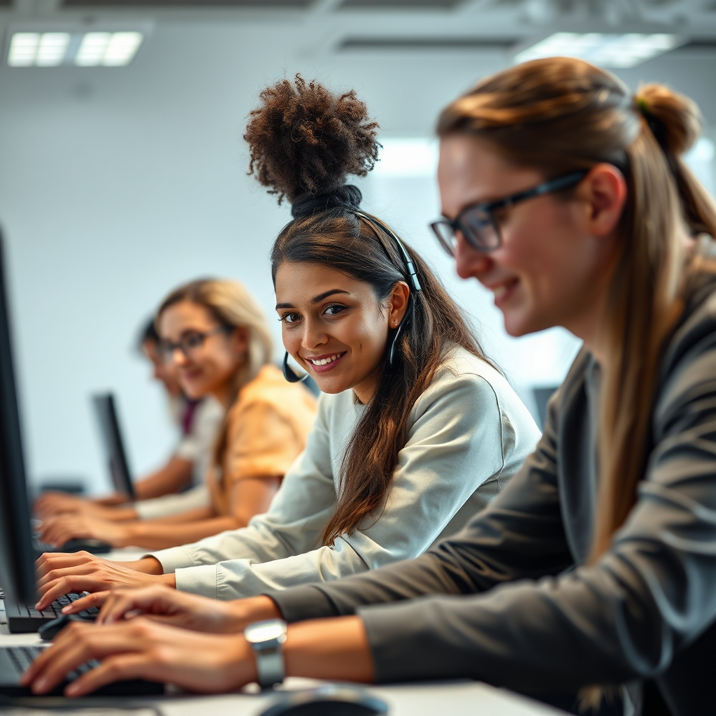 Create a photorealistic image of a computer skills training workshop. Focus on the expressions of concentration and accomplishment on the faces of the participants. The lighting should be bright and focused, and the atmosphere should be encouraging and professional. Style reference: vocational training programs photography.