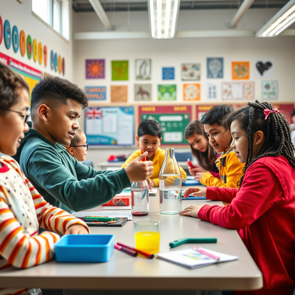 Create a photorealistic image of a modern classroom in a Gwynn Oak school. Depict diverse students engaged in a hands-on learning activity, such as a science experiment or art project. The lighting should be bright and natural, creating a positive and encouraging atmosphere. Use a slightly elevated camera angle to capture the activity in the classroom. Incorporate elements like colorful artwork, educational posters, and technology tools. The color palette should be cheerful and stimulating, reflecting the energy of the students. The style should be realistic and inspiring, highlighting the importance of education.