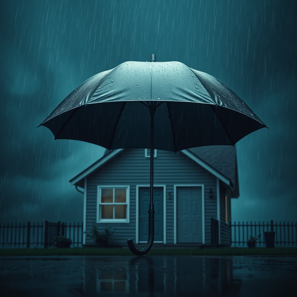 Create a photorealistic image depicting an umbrella sheltering a house from rain. The umbrella should be strong and protective. The background should be stormy and dark. The color palette should be blue and gray, conveying the idea of protection. The camera angle should be low, looking up at the umbrella. The style should be dependable and reliable, conveying the idea of secure insurance coverage.