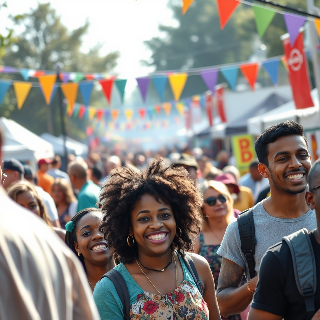 Create a photorealistic image of a lively community event in Gwynn Oak, such as a street fair or outdoor concert. Depict diverse individuals of all ages enjoying the festivities. The lighting should be dynamic and energetic, capturing the excitement of the event. Use a wide-angle lens to capture the scale of the crowd. Incorporate elements like food stalls, live music stages, and colorful decorations. The color palette should be vibrant and festive, reflecting the spirit of the community. The style should be similar to documentary photography, capturing candid moments of joy and connection.