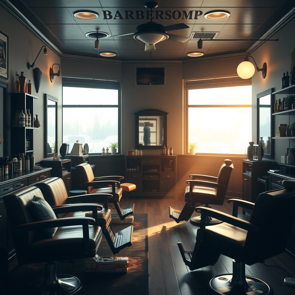 Create a photorealistic image depicting the interior of a welcoming barbershop. The scene should be softly lit and feature comfortable seating, soothing music, and the aroma of high-quality grooming products. Focus on creating a sense of tranquility and relaxation. The overall style should be warm and inviting, emphasizing the barbershop's commitment to customer comfort.