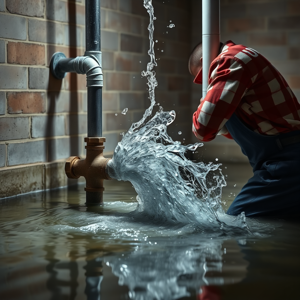 Create a photorealistic image of a plumber heroically stopping a water burst from a broken pipe in a flooded basement. The plumber should be quickly shutting off the water, and the image should convey a sense of urgency and control. Technical Specs: 4K, photorealistic.